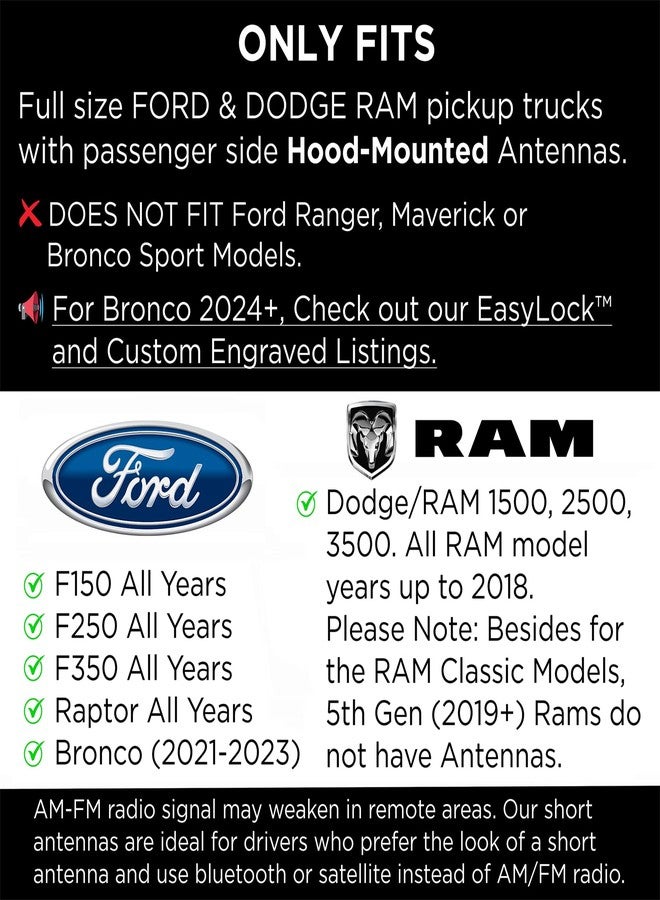 EcoAuto Badass Car Antenna Replacement for Dodge Ram & Ford F150 F250 F350 Super Duty Ford Raptor Bronco Trucks - Anti-Theft Design - Radio Antenna for Truck 1990 - Current (American Skull Black) - Image 4
